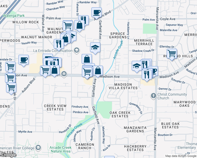 map of restaurants, bars, coffee shops, grocery stores, and more near 5505 Madison Avenue in Sacramento