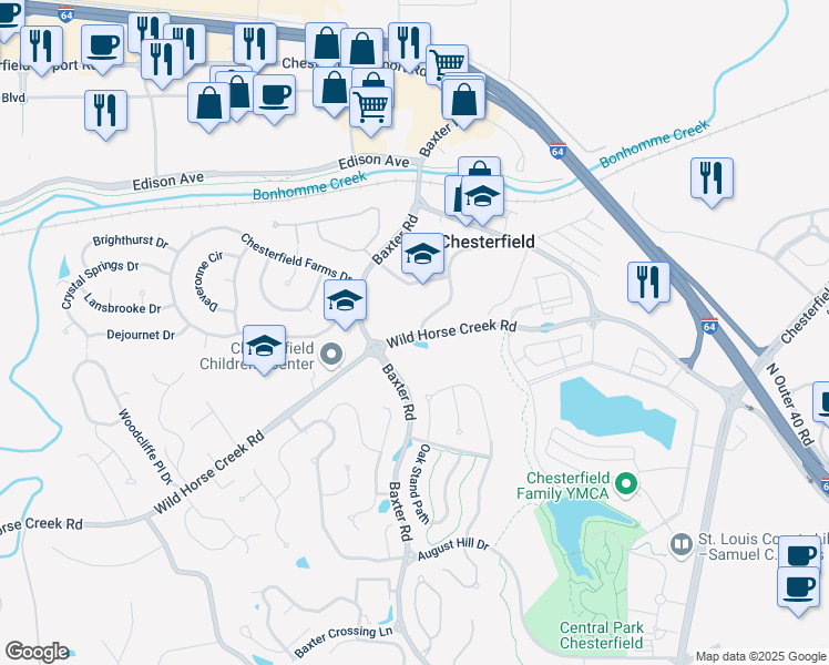 map of restaurants, bars, coffee shops, grocery stores, and more near 16511 Wild Horse Creek Road in Chesterfield
