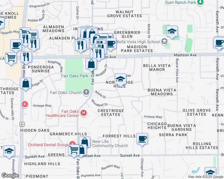 map of restaurants, bars, coffee shops, grocery stores, and more near 8136 Oahu Drive in Fair Oaks