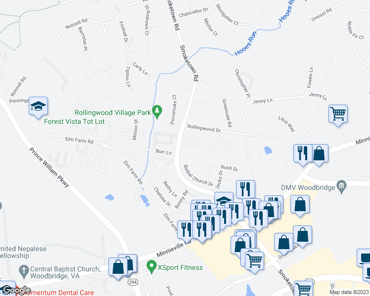 map of restaurants, bars, coffee shops, grocery stores, and more near 3260 Wyndale Court in Woodbridge
