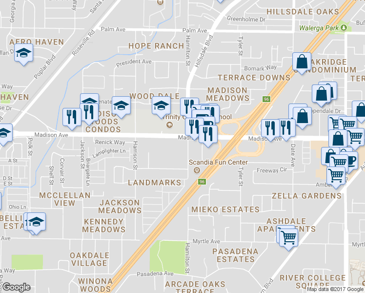 map of restaurants, bars, coffee shops, grocery stores, and more near 4250 Madison Avenue in North Highlands