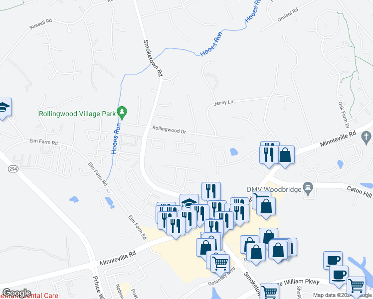 map of restaurants, bars, coffee shops, grocery stores, and more near 13563 Bentley Circle in Woodbridge