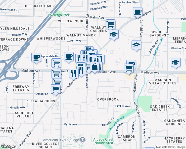 map of restaurants, bars, coffee shops, grocery stores, and more near 5122 Madison Avenue in Sacramento