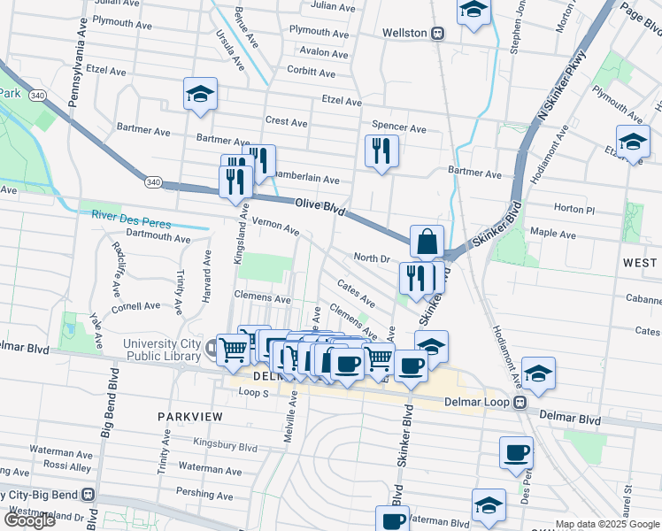 map of restaurants, bars, coffee shops, grocery stores, and more near 6429 Cates Avenue in St. Louis
