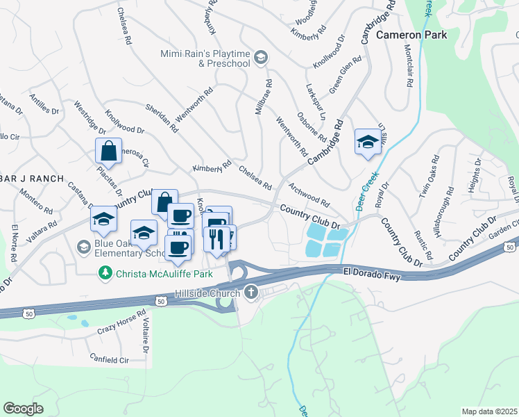 map of restaurants, bars, coffee shops, grocery stores, and more near 3842 Cambridge Road in Cameron Park