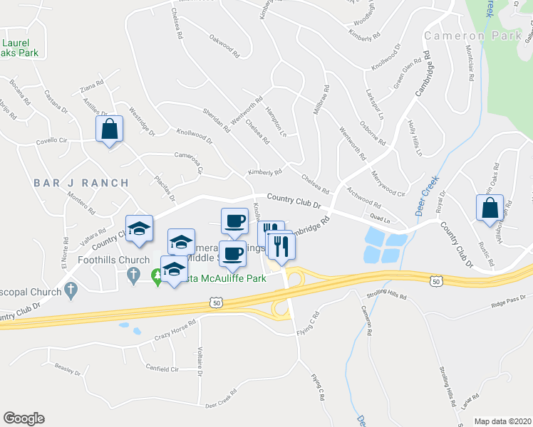 map of restaurants, bars, coffee shops, grocery stores, and more near 2638 Country Club Drive in Cameron Park
