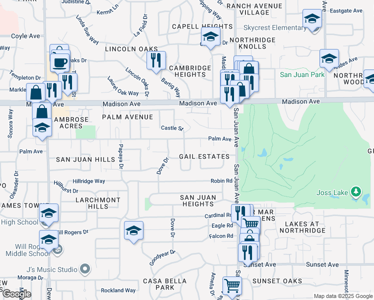 map of restaurants, bars, coffee shops, grocery stores, and more near 7210 Palm Avenue in Fair Oaks
