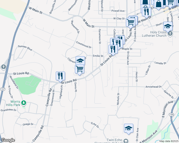map of restaurants, bars, coffee shops, grocery stores, and more near 439 O Farrell Street in Collinsville