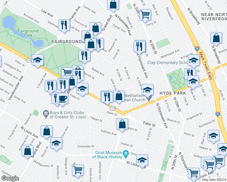 map of restaurants, bars, coffee shops, grocery stores, and more near 3932 Parnell Street in St. Louis