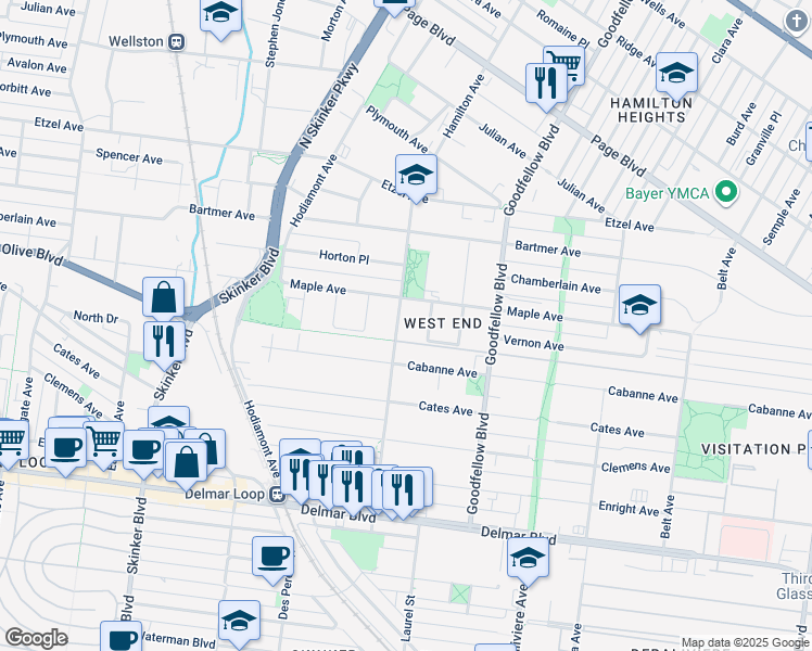 map of restaurants, bars, coffee shops, grocery stores, and more near 957 Hamilton Avenue in St. Louis