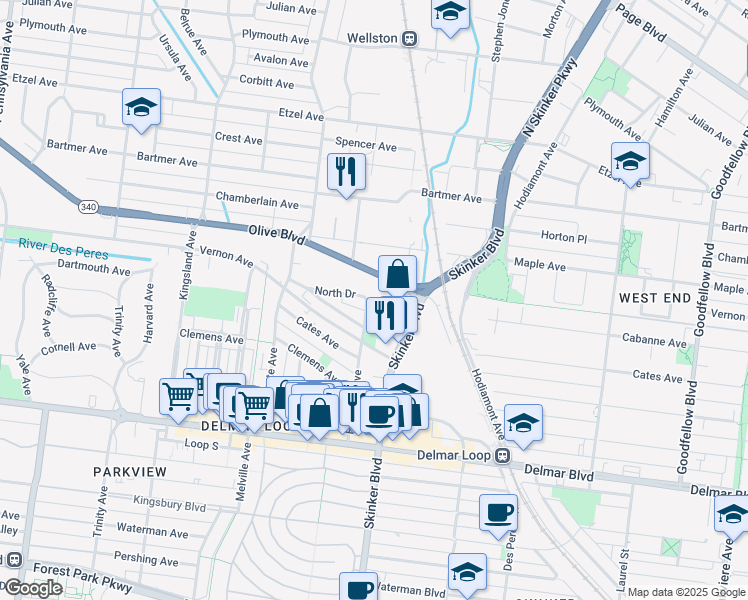 map of restaurants, bars, coffee shops, grocery stores, and more near 6240 Olive Boulevard in University City