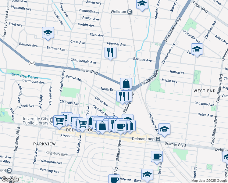 map of restaurants, bars, coffee shops, grocery stores, and more near 6240 Olive Boulevard in University City