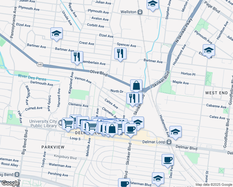 map of restaurants, bars, coffee shops, grocery stores, and more near 6301 North Drive in University City