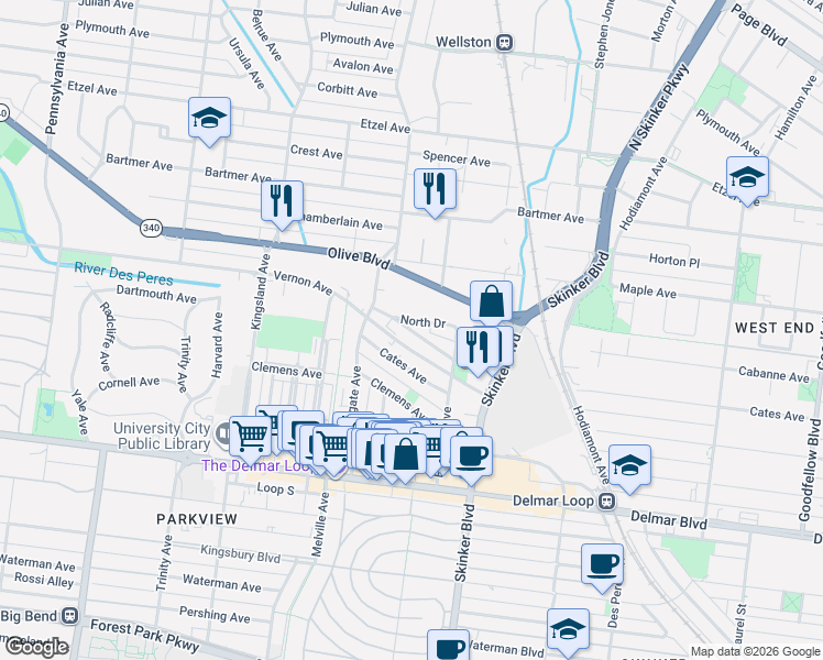 map of restaurants, bars, coffee shops, grocery stores, and more near 6301 North Drive in University City