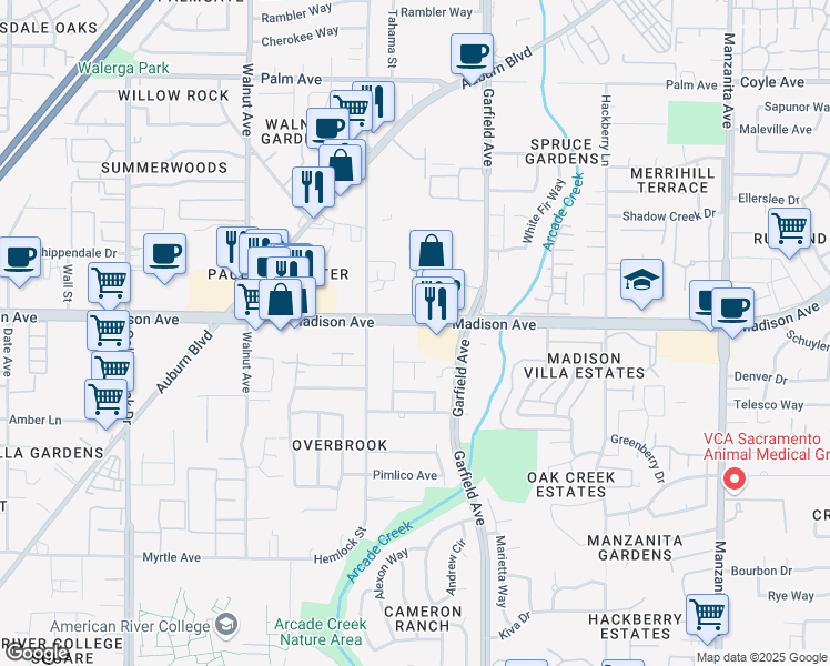 map of restaurants, bars, coffee shops, grocery stores, and more near 5345 Madison Avenue in Sacramento