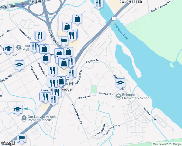 map of restaurants, bars, coffee shops, grocery stores, and more near 913 Wingfield Road in Woodbridge