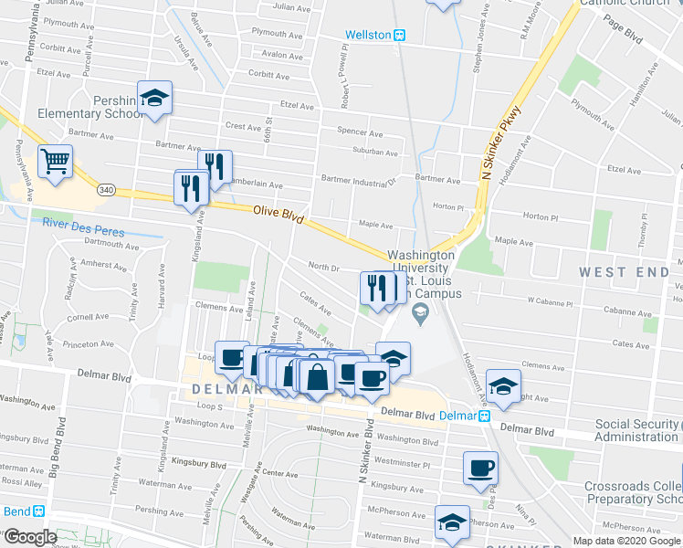 map of restaurants, bars, coffee shops, grocery stores, and more near 6254 North Dr in St Louis