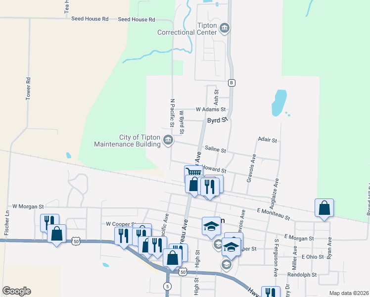 map of restaurants, bars, coffee shops, grocery stores, and more near Saline Street in Tipton