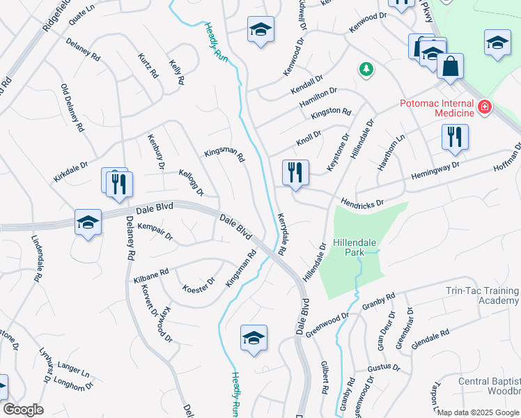 map of restaurants, bars, coffee shops, grocery stores, and more near 13503 Kingsman Road in Woodbridge