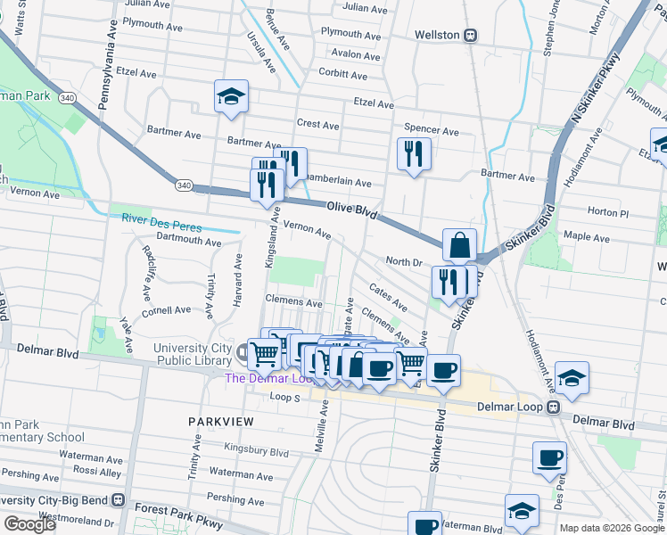 map of restaurants, bars, coffee shops, grocery stores, and more near 876 Leland Avenue in St. Louis