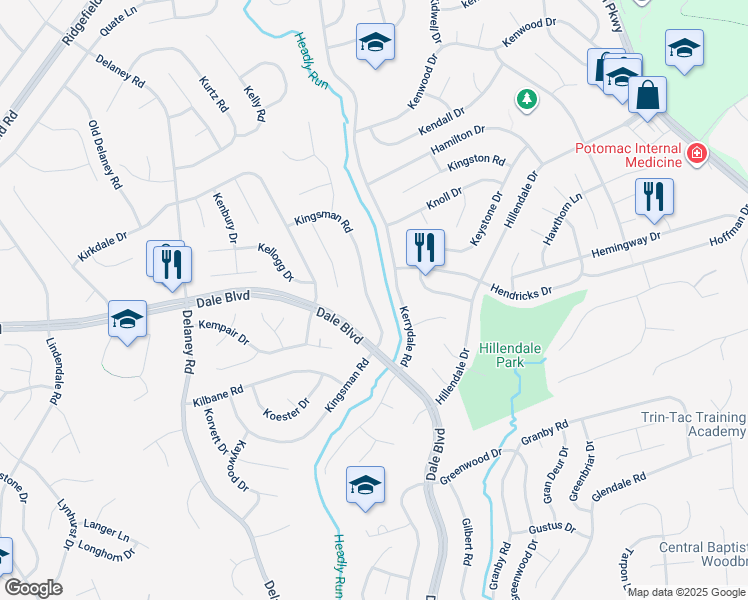 map of restaurants, bars, coffee shops, grocery stores, and more near 13503 Kingsman Road in Woodbridge