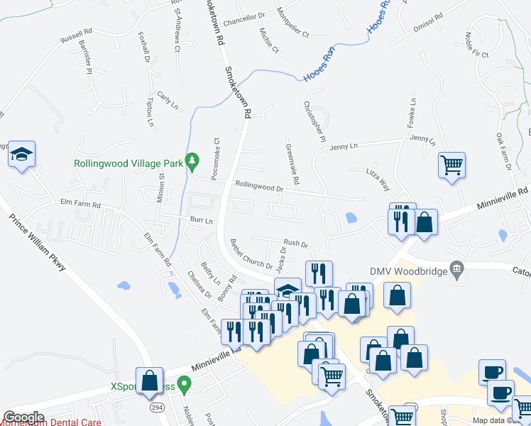 map of restaurants, bars, coffee shops, grocery stores, and more near 13528 Bentley Circle in Woodbridge
