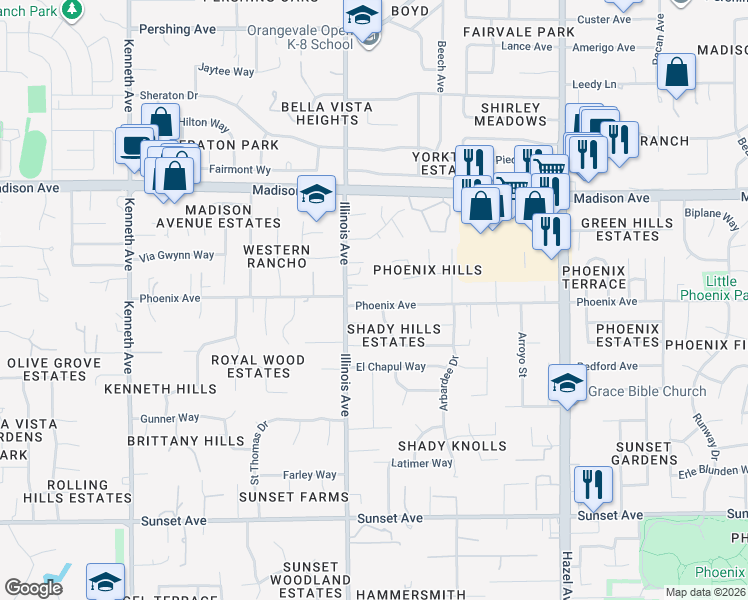 map of restaurants, bars, coffee shops, grocery stores, and more near 5210 Illinois Avenue in Fair Oaks