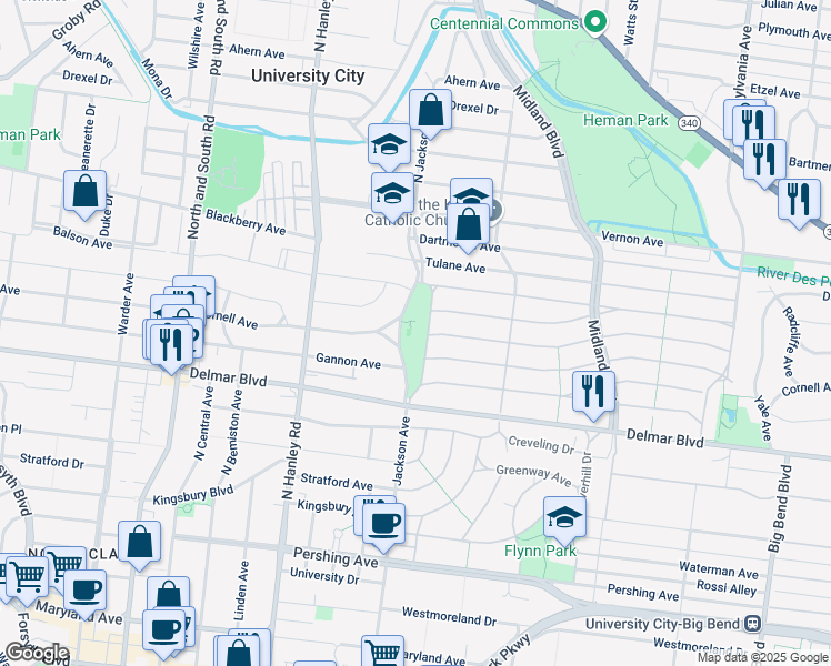 map of restaurants, bars, coffee shops, grocery stores, and more near 879-801 Vanderbilt Avenue in University City