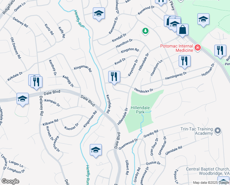 map of restaurants, bars, coffee shops, grocery stores, and more near 4513 Hazelton Drive in Woodbridge