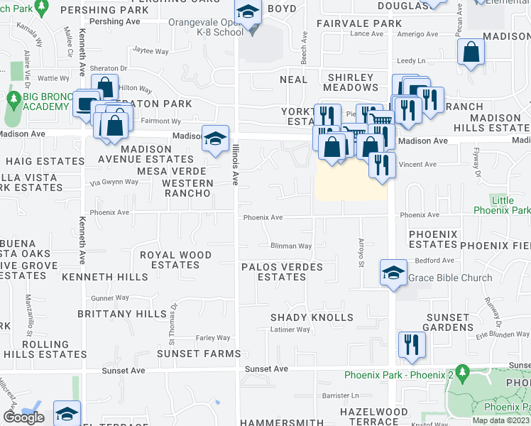 map of restaurants, bars, coffee shops, grocery stores, and more near 8743 Phoenix Avenue in Fair Oaks