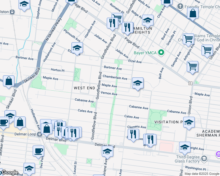 map of restaurants, bars, coffee shops, grocery stores, and more near 5665 Maple Avenue in St. Louis
