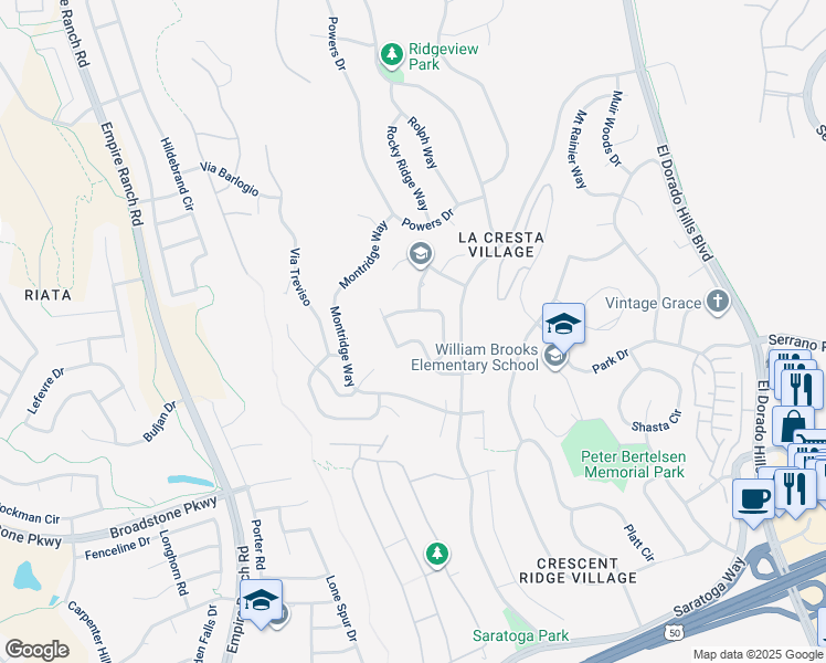 map of restaurants, bars, coffee shops, grocery stores, and more near 1557 Barcelona Drive in El Dorado Hills