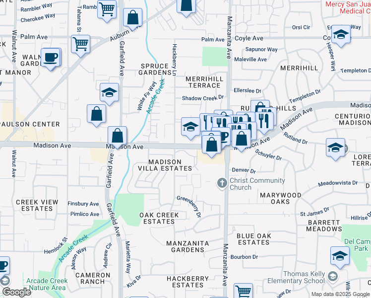 map of restaurants, bars, coffee shops, grocery stores, and more near 57 Madison Avenue in Sacramento