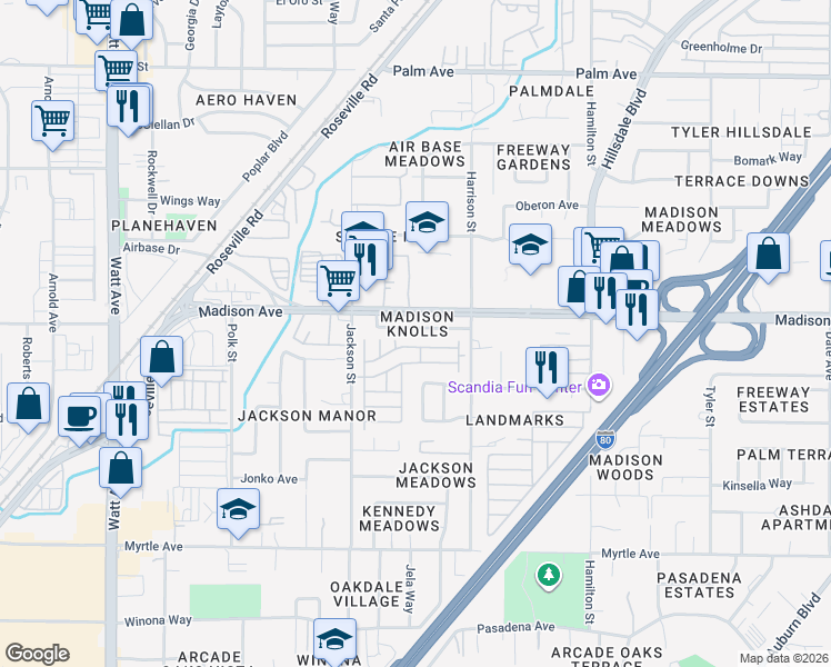 map of restaurants, bars, coffee shops, grocery stores, and more near 4007 Renick Way in North Highlands