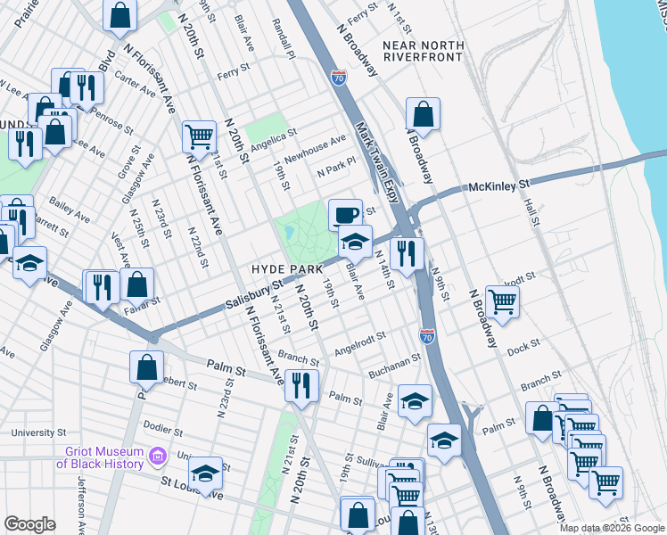 map of restaurants, bars, coffee shops, grocery stores, and more near 1518 Salisbury Street in St. Louis