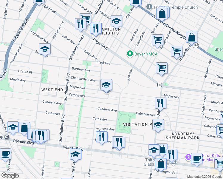 map of restaurants, bars, coffee shops, grocery stores, and more near 5548 Chamberlain Avenue in St. Louis