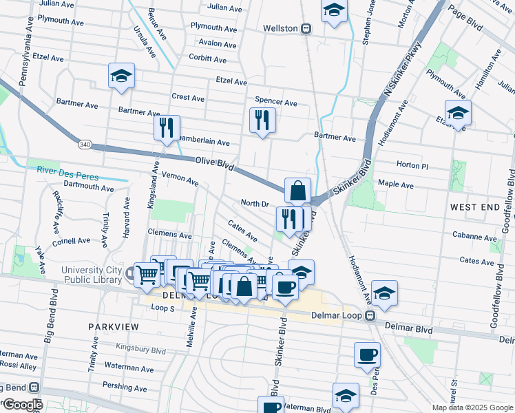map of restaurants, bars, coffee shops, grocery stores, and more near 6301 North Drive in University City