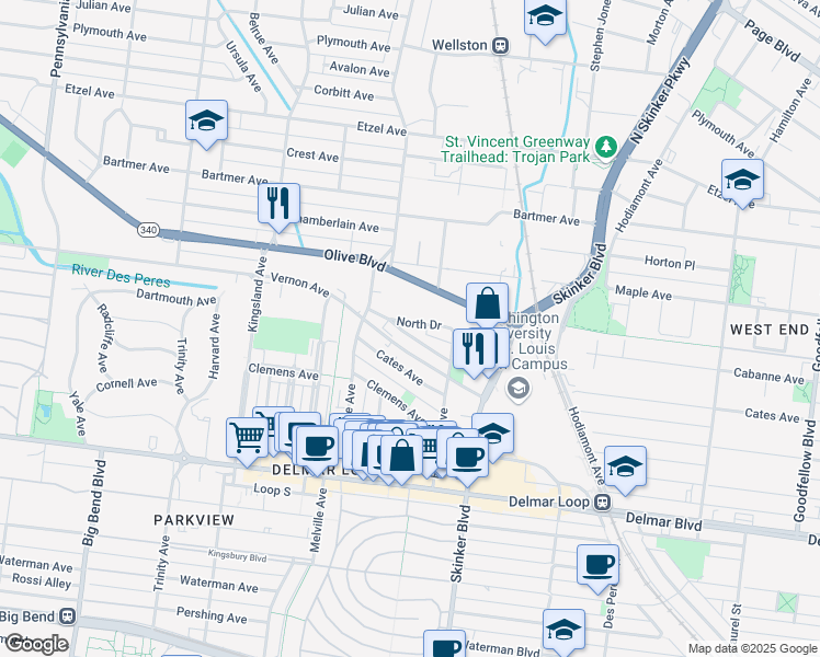 map of restaurants, bars, coffee shops, grocery stores, and more near 6301 North Drive in University City