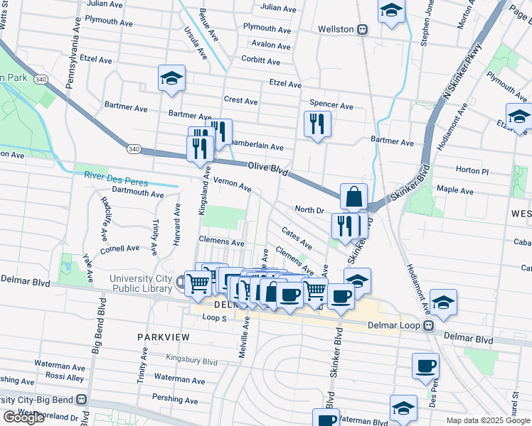 map of restaurants, bars, coffee shops, grocery stores, and more near 894 Leland Avenue in University City