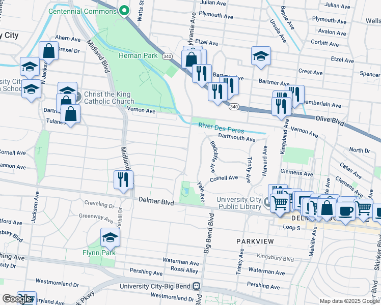 map of restaurants, bars, coffee shops, grocery stores, and more near 7009 Amherst Avenue in University City