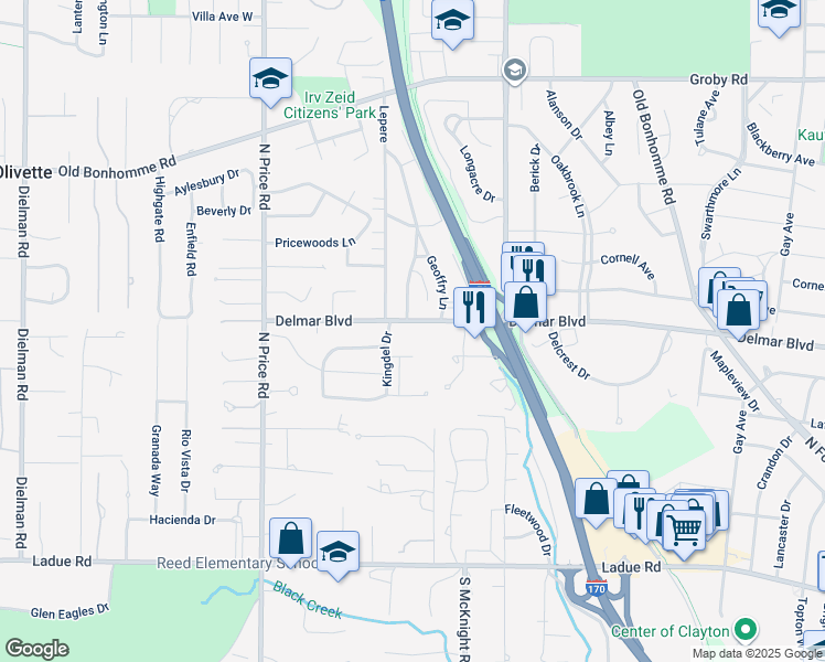map of restaurants, bars, coffee shops, grocery stores, and more near 8689 Delmar Boulevard in St. Louis