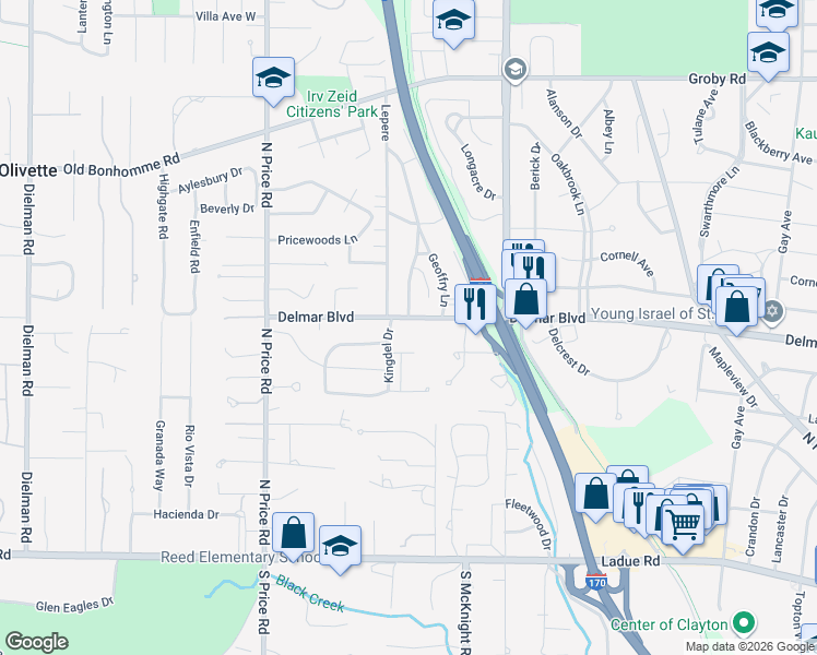map of restaurants, bars, coffee shops, grocery stores, and more near 8689 Delmar Boulevard in St. Louis