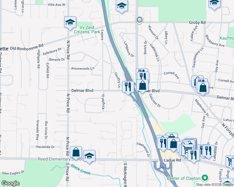 map of restaurants, bars, coffee shops, grocery stores, and more near 8657 Delmar Boulevard in St. Louis
