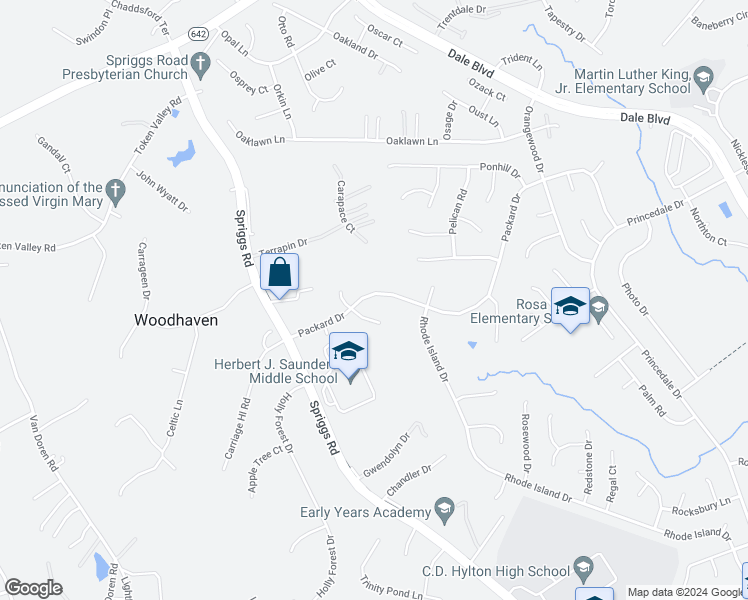 map of restaurants, bars, coffee shops, grocery stores, and more near 13316 Packard Drive in Woodbridge