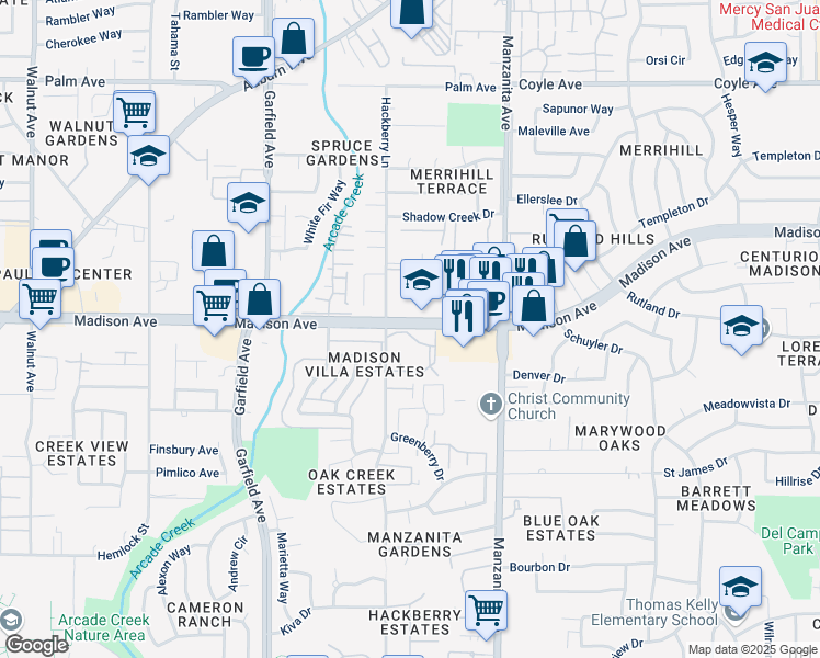 map of restaurants, bars, coffee shops, grocery stores, and more near 57 Madison Avenue in Sacramento