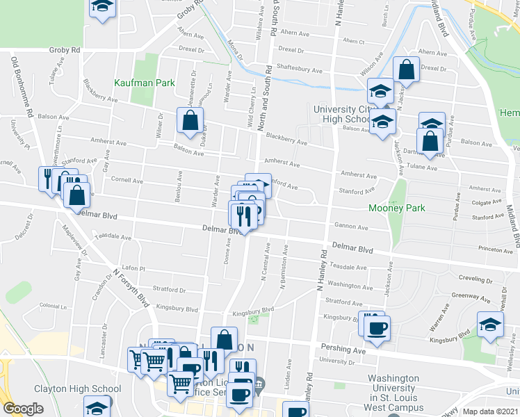 map of restaurants, bars, coffee shops, grocery stores, and more near 7700 Cornell Avenue in St. Louis
