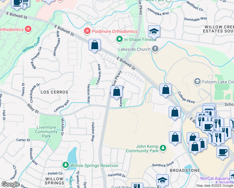map of restaurants, bars, coffee shops, grocery stores, and more near 103 Pascoe Court in Folsom