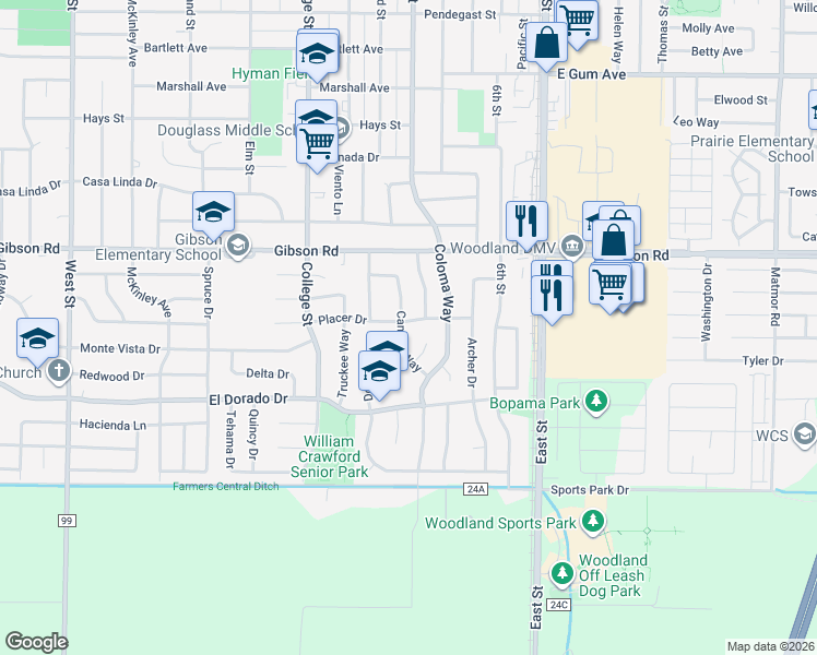 map of restaurants, bars, coffee shops, grocery stores, and more near 1522 Camino Way in Woodland