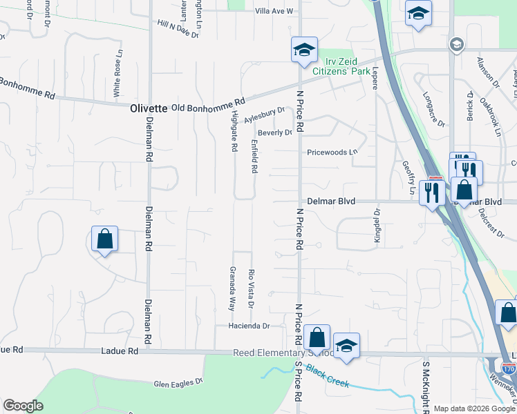 map of restaurants, bars, coffee shops, grocery stores, and more near 2 Enfield Road in Olivette