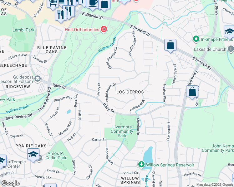 map of restaurants, bars, coffee shops, grocery stores, and more near 259 Luna Circle in Folsom